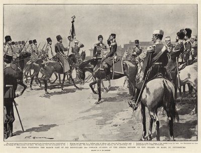 A cár testőrének márciusi múltját nézi (2. kozák gárda) a tavaszi szemlén a Champs de Marson, Szentpéterváron alkotó: Frederic de Haenen