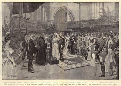 Az esküvői szertartás a Groote Kerkében, Van der Vlier lelkész előadásában, a menyasszony és a vőlegény gyűrűt cserél alkotó: Frederic de Haenen