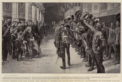 Három éljenzés a királynőnek, Őfelsége rokkant gyarmati önkénteseket vizsgál meg a Windsori kastélyban alkotó: Frederic de Haenen