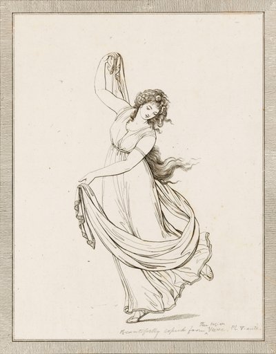 Emma, Lady Hamilton, klasszikus pózban, táncolva, jobb lábán egyensúlyozva. alkotó: Frederich (after) Rehberg