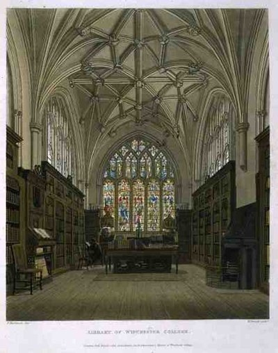 A Winchester College könyvtára, a „History of Winchester College”-ból, a „History of the Colleges” része, William James Bennett (1787-1844) pub metszete. R. Ackermann alkotó: Frederick (after) Mackenzie