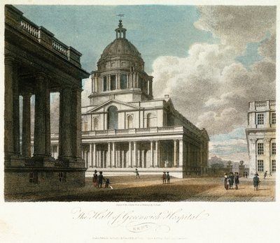 A greenwichi kórház (Kent, Anglia) látképe, a kupola és Vilmos (William) király udvarának északkeleti sarkának leírása, mögötte a csarnok északi homlokzatának festett részével, valamint Mária királynő udvarának és kápolnájának egy részével. alkotó: Frederick (after) Nash