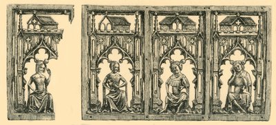 Lovagok és hölgyek baldachin alatt ülve, áttört elefántcsont panel, 14. század közepe-vége, 1881. alkotó: Frederick Albert Slocombe