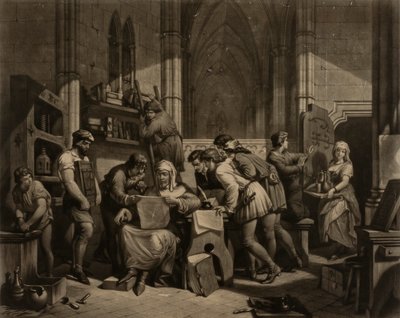 William Caxton - a Westminster apátságban lévő nyomdájából származó első próbanyomat vizsgálata, 1474-ben. alkotó: Frederick Bacon