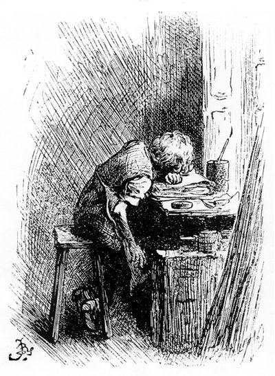 Charles Dickens a Blacking Factory-ban, illusztráció a „The Leisure Hour”-ból, 1904 (metszet) alkotó: Frederick Barnard