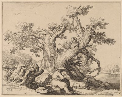 Egy ember és a kutyája egy nagy fa mellett pihen alkotó: Frederick Bloemaert after Abraham Bloemaert