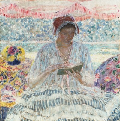 Nyári olvasás (a napellenző alatt) alkotó: Frederick Carl Frieseke
