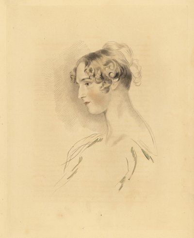 Mary Isabella Bloxam portréja fiatal nőként, Sir Thomas Lawrence unokahúga. Feltartott és göndörített hajjal, vállra szabott ruhában. Frederick Christian Lewis metszete Sir Thomas Lawrence illusztrációja után a P.G. Patmore kabinetje G alkotó: Frederick Christian Lewis