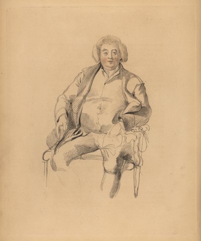 Sir Thomas Lawrence apjának, Thomas Lawrence fogadós portréja. Parókás férfi egy széken ülve. Frederick Christian Lewis kézzel színezett metszete Sir Thomas Lawrence illusztrációja után a P.G.-től. Patmore drágakő kabinetje, Ackermann, London alkotó: Frederick Christian Lewis