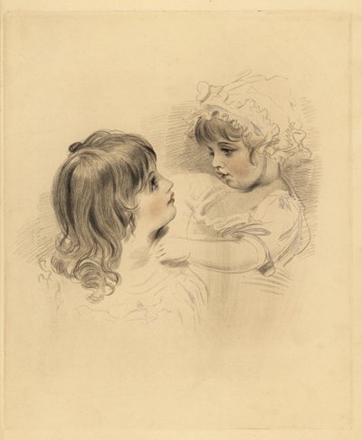 Két gyermek portréja. Az idősebb, aki egy vonakodó fiatalabb gyereket tart motorháztetőben és ruhában. Frederick Christian Lewis kézzel színezett metszete Sir Thomas Lawrence illusztrációja után a P.G.-től. Patmore drágakő kabinetje, Ackermann, London alkotó: Frederick Christian Lewis