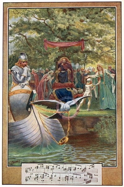 Lohengrin távozása, illusztráció a „Wagner Lohengrinjéből”, George Routledge kiadó alkotó: Frederick Colin Tilney