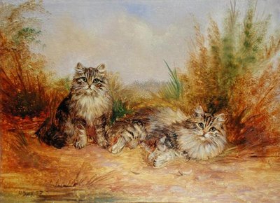 Két cirmos cica vidéki tájban (olaj, tábla) alkotó: Frederick French