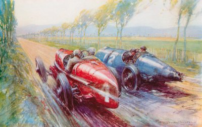Felice Nazzaro megnyerte az 1922-es Nagydíjat az egyik új és nagyon gyors Fiat (színes litho) kezelésével. alkotó: Frederick Gordon (after) Crosby
