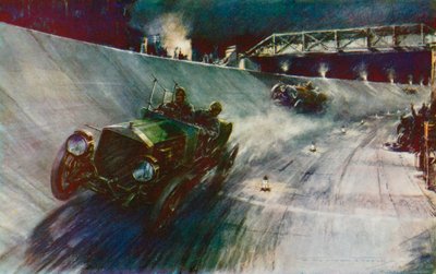 1907-ben az S F Edge, aki egykezes Napier-t vezet, 24 órán keresztül 60 mérföld/órás sebességet tudott tartani, ami az első rekord az új brooklandsi pályán (színes litho) alkotó: Frederick Gordon (after) Crosby