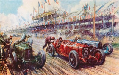 Az 1924-es Nagydíjon az Ascari Alfa Romeója majdnem a célig vezette a versenyt, de veszített, mert a motor nem indult újra boxkiállás után (színes litho) alkotó: Frederick Gordon (after) Crosby