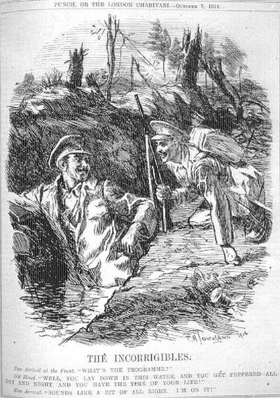 A javíthatatlanok. Új érkezés a fronton; "Mi a program?", Old Hand; – Nos, lefekszel ebbe a vízbe, és egész éjjel-nappal borsozod, és van életed ideje! Újonnan érkező; "Kicsit jól hangzik. Rajta vagyok!" tól től 