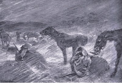 Dél-afrikai jégeső, az After Pretoria: The Guerilla War című könyvből, amelyet a Harmsworth Bros Limited adott ki, 1901 alkotó: Frederick Judd Waugh