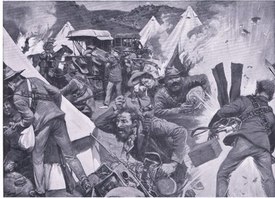 A nooitgedachti brit tábort tüzérségi tűz alatt kifosztó búrok az After Pretoria: The Guerilla War című filmből, amelyet a Harmsworth Bros Limited adott ki, 1901 alkotó: Frederick Judd Waugh