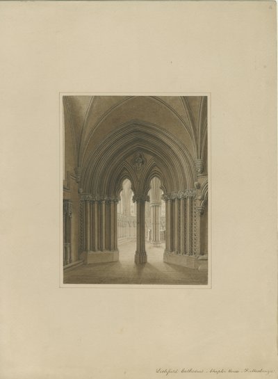 Lichfield székesegyház belseje – Káptalanház ajtaja: szépia rajz, és [c 1820] alkotó: Frederick Mackenzie