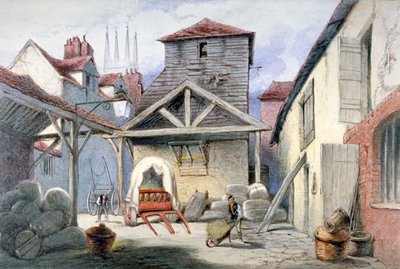 A Rose Inn udvara, Farringdon Street, London City, 1838. alkotó: Frederick Napoleon Shepherd