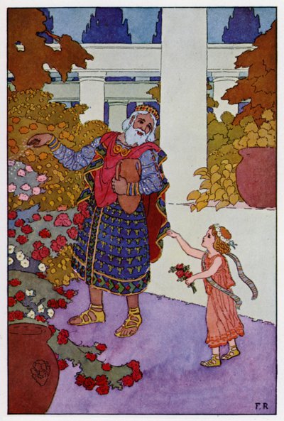 Midas király a maradék vizet a rózsabokrokra szórta (színes litó) alkotó: Frederick Richardson