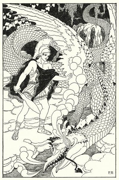 Amikor a sárkány megpillantotta Kadmust, újabb förtelmes sziszegést hallatott (litho) alkotó: Frederick Richardson