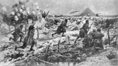 Brit támadás szurony és gránát segítségével, Neuve-Chapelle, Franciaország, 1915. március 10., 1926. alkotó: Frederick Villiers