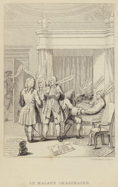 Le Malade Imaginaire: egy szatíra, amely John Hill szerzőt és botanikust ábrázolja az ágyban, akivel számos orvos konzultál alkotó: Frederick William Fairholt