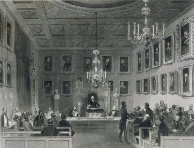 Kilátás a Somerset-ház belsejére, a Királyi Antikvár Társaság találkozóját mutatja, 1840 körül alkotó: Frederick William Fairholt