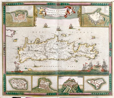 Kréta szigetének térképe, kilátással La Cane és Heraklion erődített városaira, valamint Spinalonga, Retino, Thine és Souda erődítményeire (rézkarc alkotó: Frederick de Wit