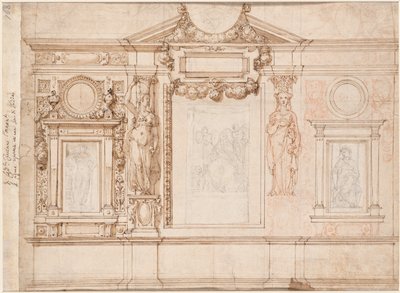 Fali dekoráció tervezése Raphael verso után beragasztott vázlatokkal, c. 1580-90-es évek. alkotó: Frederico Zuccaro