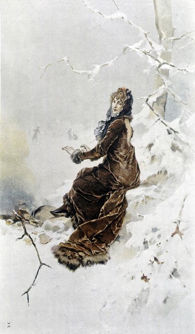 Nő a hóban: A tél allegóriája, a naptárat Hubert Dys illusztrálta, festette F. H. Kaemmerer alkotó: Frederik Hendrik Kaemmerer