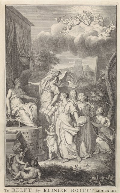 Minerva és a művészetek egy trónoló figurának Címlap ehhez: The Groot Natuur-en Zedekundigh Wereldtoneel, Delft, R. Boitet, 1743 alkotó: Frederik Ottens