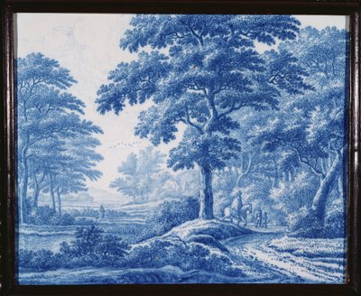 Egy nagyon ritka holland delfti kék-fehér téglalap alakú tábla, amely útjárókat ábrázol egy erdős tájon (porcelán) alkotó: Frederik van Frijtom