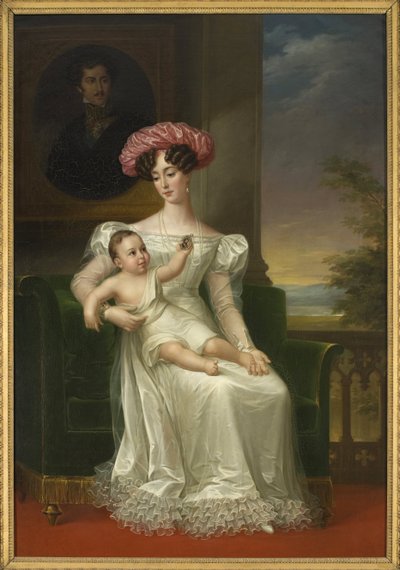 Leuchtenbergi Josephine, Svédország és Norvégia királynője (karjában XV. Károly fiával, I. Oszkár király portréja előtt ülve) – Leuchtenbergi Josephine (1807-1876), svéd és norvég királynő portréja, Westin , Fredric (1782-1862). Olaj c alkotó: Fredric Westin
