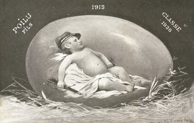 1915, húsvéti üdvözlőlap, amelyen már felfegyverzett csecsemő katona látható tojásban alkotó: French Photographer
