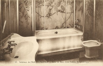 Fürdőszoba egy luxuskabinban az Ile de France francia óceánjáró fedélzetén (f/w fotó) alkotó: French Photographer
