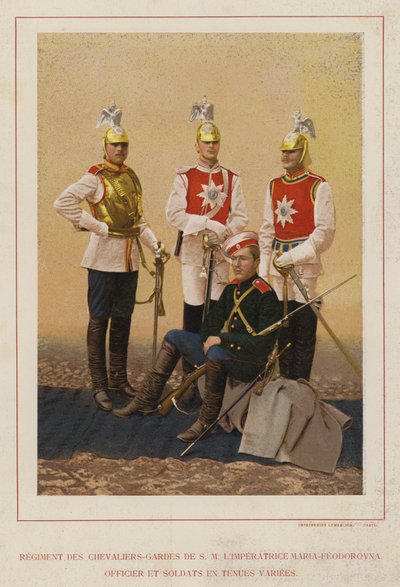 Az orosz hadsereg: H M Császárnő, Maria-Fedorovna lovagőrezred, tiszt és katonák különféle egyenruhákban (fotó) alkotó: French Photographer