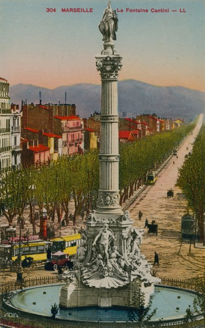 La Fontaine Cantini Marseille-ben. Andre Allar szobrász építette. 1913-ban feladott képeslap. alkotó: French Photographer