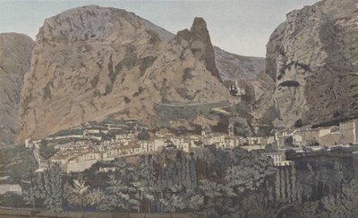 Moustiers-Sainte-Marie, általános kilátás és a Notre-Dame de Beauvoir kápolna alkotó: French Photographer