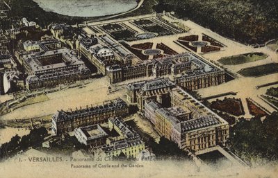 Panorámás kilátás a Versailles-i palotára és a kertekre (színes fotó) alkotó: French Photographer