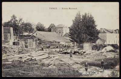 Képeslap, amely a Reviraud fűrésztelepet ábrázolja Tence-ben, Haute-Loire, 1900 körül alkotó: French Photographer