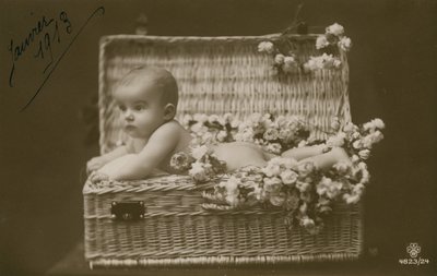 Egy csecsemő képeslapja fonott kosárban virágokkal, 1913 januárjában küldve alkotó: French Photographer