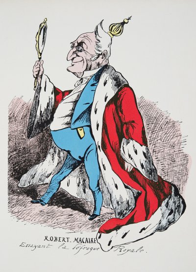 Robert Macaire – Trying on the Royal Disfrock, Histoire de la Troisieme Republique, Vol. I, Political History, pub. 1933 (színes litho) alkotó: French Photographer