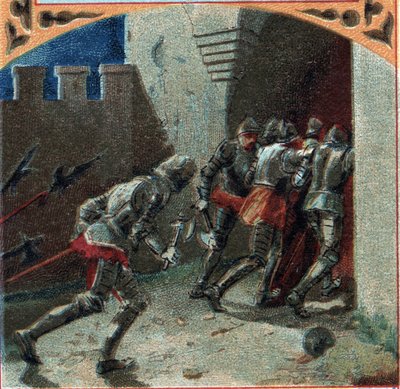 100 éves háború: a burgundok serege árulással elfoglalta Pierrefonds várát (XIV. század). A 19. század végének kromolitográfiája alkotó: French School