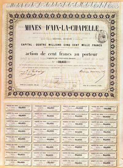 100 frank az aacheni bányák hordozói részesedése, 1856 alkotó: French School