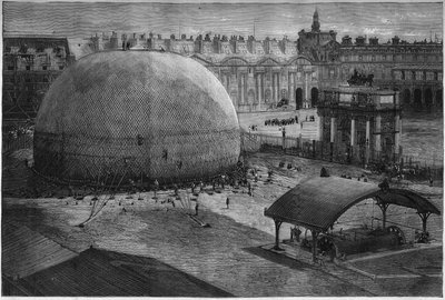 1878-as párizsi világkiállítás: Henri Giffard fogságba esett léggömbje megduzzad a Tuileriák udvarán. Metszet a „” Le Monde Illustré”” 1112. számában, 1878. július 20. alkotó: French School