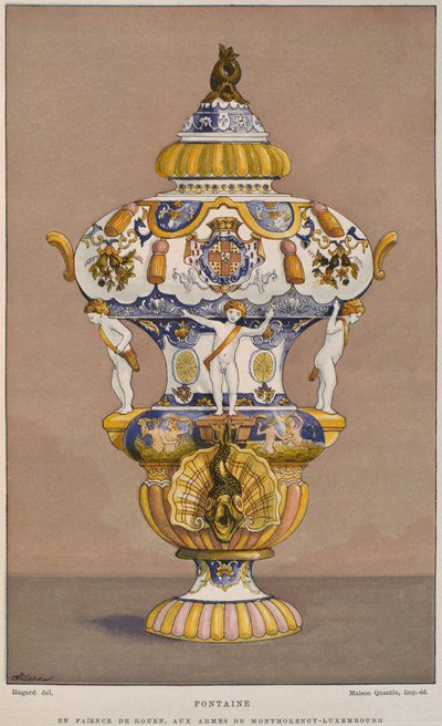 18. századi fajansz szökőkút Montmorency Luxembourg címerével, Rouenben gyártott, illusztráció Henry Havard Dictionnaire de lameublement et de la decoration 2. kötetéből, alkotó: French School