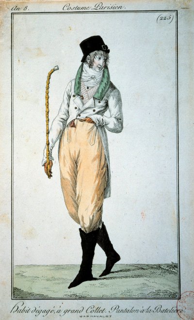 18. századi divat: Párizsi öltöny nagy gallérral, csónakos nadrág. Párizs, Musee du Costume alkotó: French School