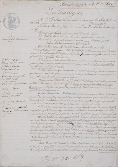 A La Comedie Humaine című 2. szerződéses dokumentum Honore de Balzac (1799-1850) és Hetzel, Paulin, Dubochet és Charles Furne kiadó között, 1841. október 2. alkotó: French School